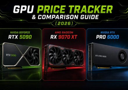 GPU Price Tracker and Comparison Guide 2026 featured image showing three graphics cards side by side: Nvidia GeForce RTX 5090, AMD Radeon RX 9070 XT, and Nvidia RTX PRO 6000