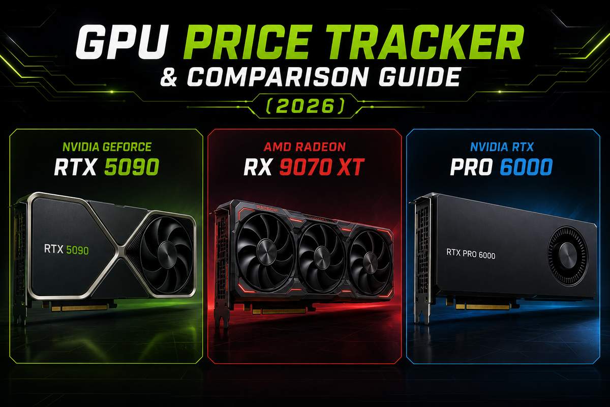 GPU Price Tracker and Comparison Guide 2026 featured image showing three graphics cards side by side: Nvidia GeForce RTX 5090, AMD Radeon RX 9070 XT, and Nvidia RTX PRO 6000