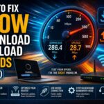 How to fix slow download and upload speeds 2026, speed test showing 286.4 Mbps download and 28.7 Mbps upload with tips to check speed, optimize router, use wired connection, and stop background bandwidth hogs