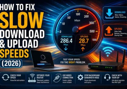 How to fix slow download and upload speeds 2026, speed test showing 286.4 Mbps download and 28.7 Mbps upload with tips to check speed, optimize router, use wired connection, and stop background bandwidth hogs