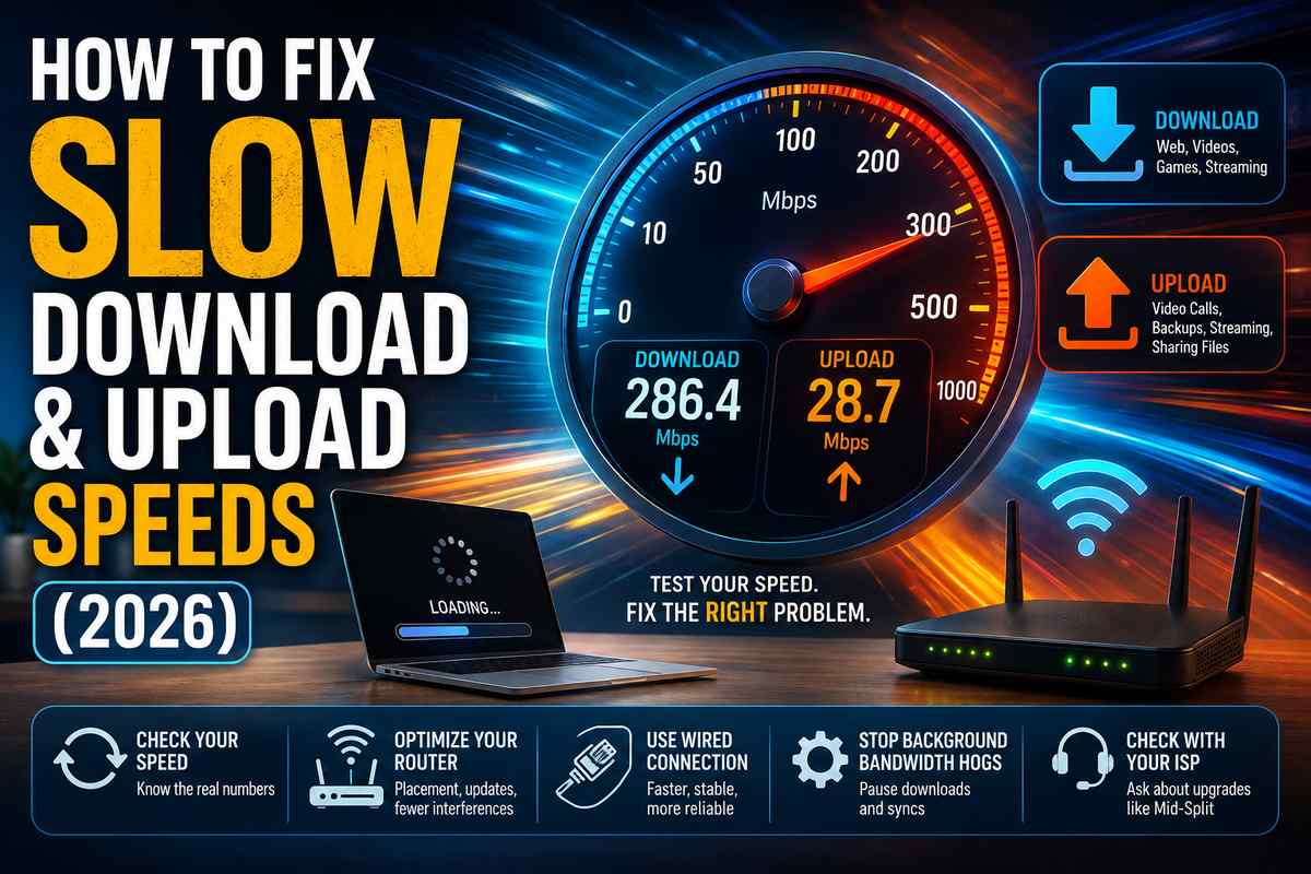 How to fix slow download and upload speeds 2026, speed test showing 286.4 Mbps download and 28.7 Mbps upload with tips to check speed, optimize router, use wired connection, and stop background bandwidth hogs