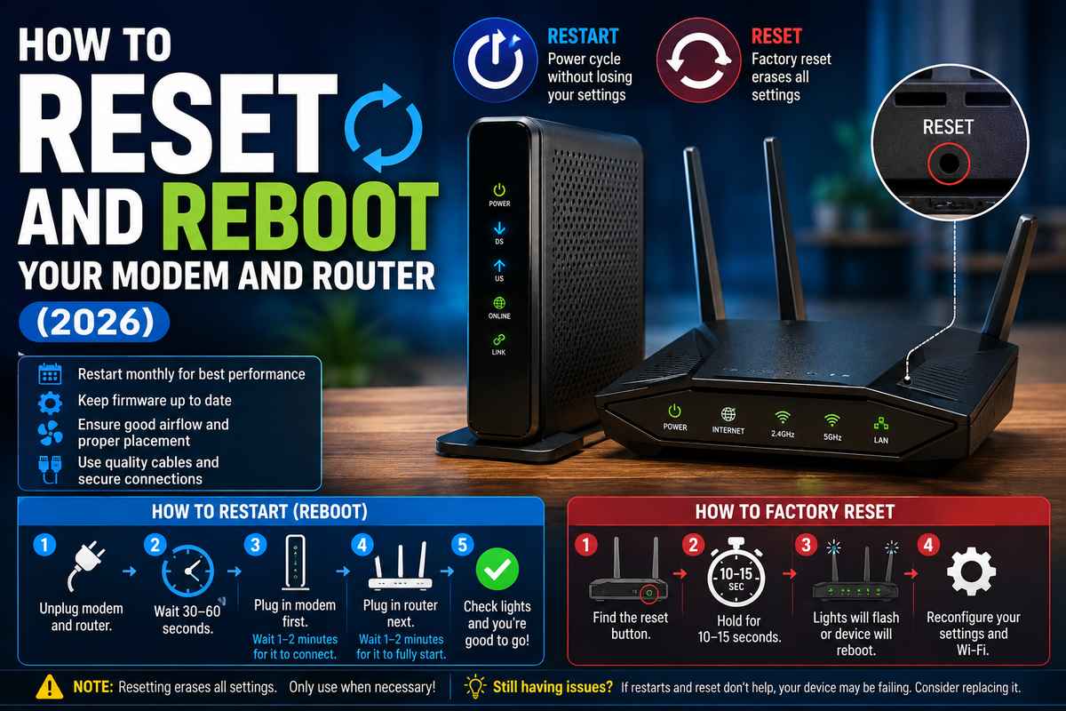 How to reset and reboot your modem and router in 2026, step-by-step restart and factory reset instructions with router light indicators