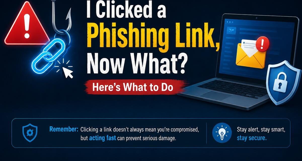 Infographic titled 'I Clicked a Phishing Link, Now What? Here's What to Do' showing a fishing hook catching a broken link icon, a laptop with a suspicious email alert, and a security shield, with a reminder to act fast after clicking a suspicious link