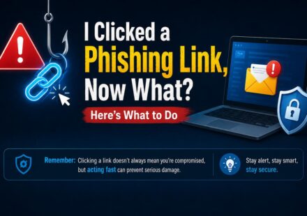 Infographic titled 'I Clicked a Phishing Link, Now What? Here's What to Do' showing a fishing hook catching a broken link icon, a laptop with a suspicious email alert, and a security shield, with a reminder to act fast after clicking a suspicious link