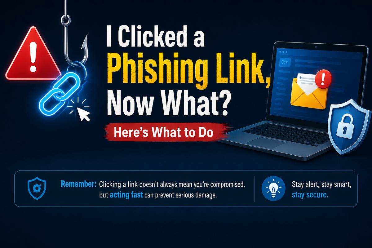 Infographic titled 'I Clicked a Phishing Link, Now What? Here's What to Do' showing a fishing hook catching a broken link icon, a laptop with a suspicious email alert, and a security shield, with a reminder to act fast after clicking a suspicious link