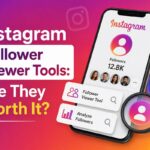 Instagram follower viewer tool showing a 12.8K follower count, analyze followers option, and magnifying glass search icon on a phone screen