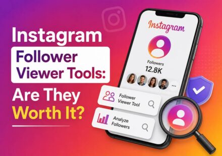 Instagram follower viewer tool showing a 12.8K follower count, analyze followers option, and magnifying glass search icon on a phone screen
