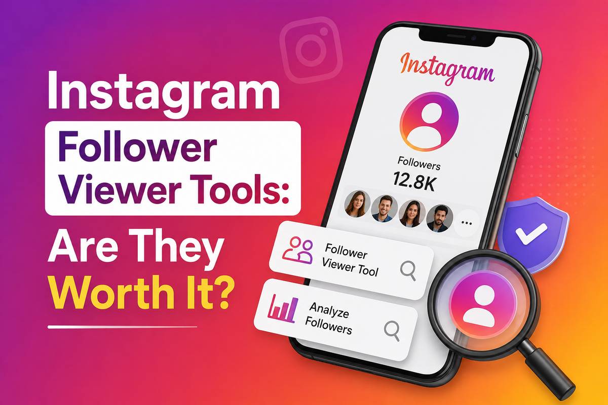 Instagram follower viewer tool showing a 12.8K follower count, analyze followers option, and magnifying glass search icon on a phone screen