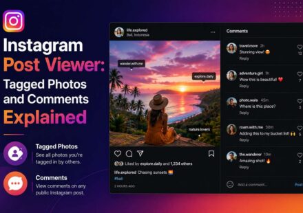 Instagram post viewer showing a public post with tagged accounts, likes, and a comments panel alongside tagged photos and comments features