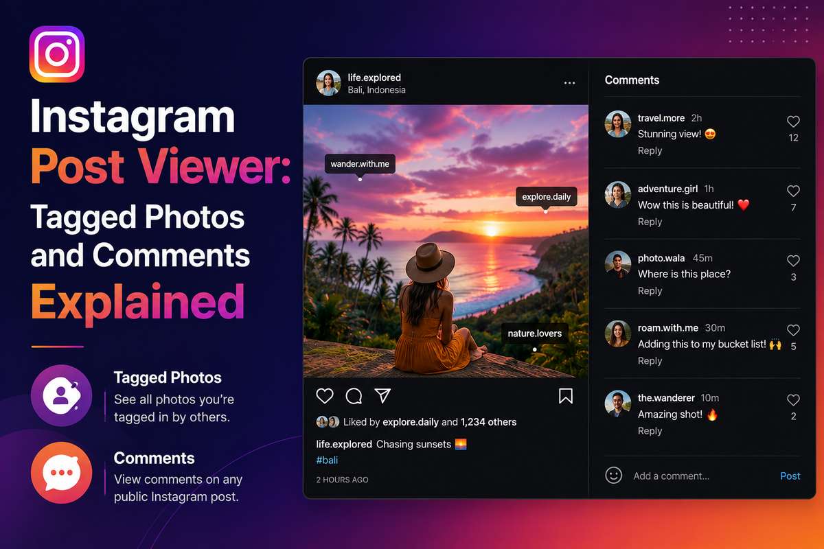 Instagram post viewer showing a public post with tagged accounts, likes, and a comments panel alongside tagged photos and comments features