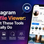 Instagram profile viewer app showing a public profile with posts, followers, and story viewing options on a phone screen