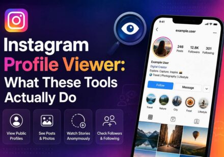 Instagram profile viewer app showing a public profile with posts, followers, and story viewing options on a phone screen