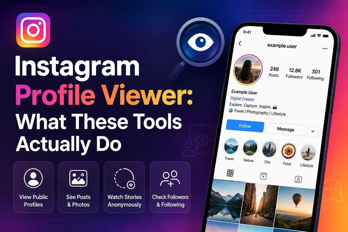 Instagram profile viewer app showing a public profile with posts, followers, and story viewing options on a phone screen