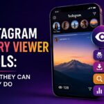 Instagram story viewer tool showing anonymous story viewing, download, search, and activity tracking features on a phone screen