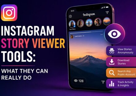 Instagram story viewer tool showing anonymous story viewing, download, search, and activity tracking features on a phone screen