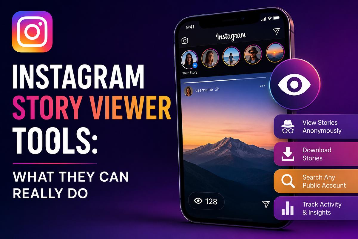 Instagram story viewer tool showing anonymous story viewing, download, search, and activity tracking features on a phone screen