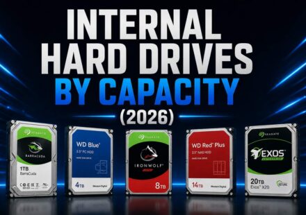 Internal Hard Drives by Capacity 2026 featured image showing five HDD models including Seagate BarraCuda 1TB, WD Blue 4TB, Seagate IronWolf 8TB, WD Red Plus 14TB, and Seagate Exos 20TB