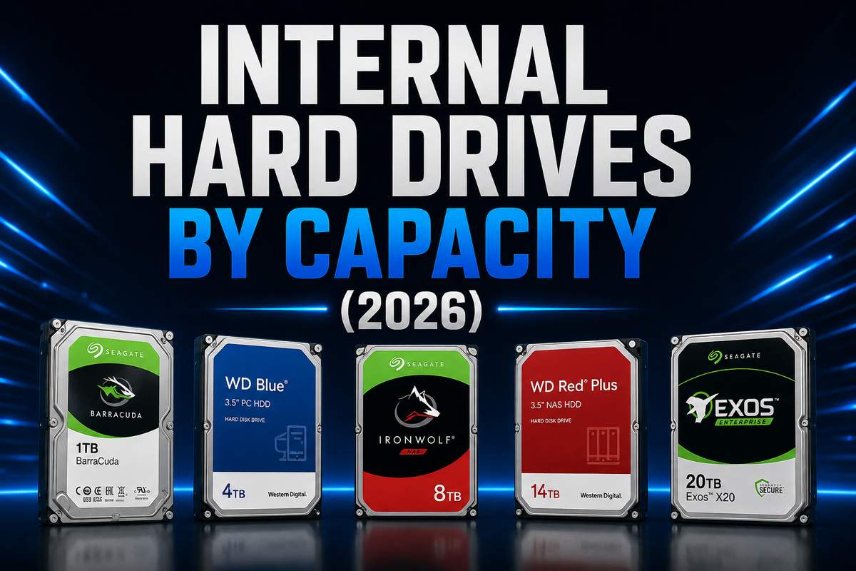 Internal Hard Drives by Capacity 2026 featured image showing five HDD models including Seagate BarraCuda 1TB, WD Blue 4TB, Seagate IronWolf 8TB, WD Red Plus 14TB, and Seagate Exos 20TB