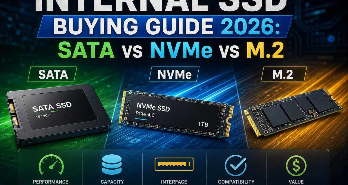 Internal SSD Buying Guide 2026 featured image comparing SATA, NVMe, and M.2 drives with icons for performance, capacity, interface, compatibility, and value