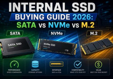 Internal SSD Buying Guide 2026 featured image comparing SATA, NVMe, and M.2 drives with icons for performance, capacity, interface, compatibility, and value