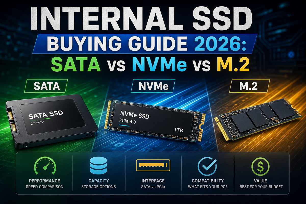 Internal SSD Buying Guide 2026 featured image comparing SATA, NVMe, and M.2 drives with icons for performance, capacity, interface, compatibility, and value