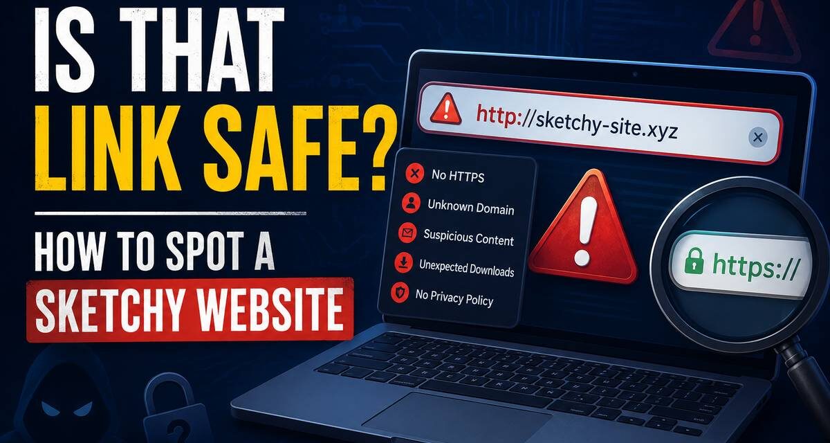 Infographic titled 'Is That Link Safe? How to Spot a Sketchy Website' showing a laptop with a suspicious http:// URL, warning signs like no HTTPS, unknown domain, and unexpected downloads, next to a magnifying glass highlighting a secure https:// link