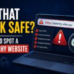 Infographic titled 'Is That Link Safe? How to Spot a Sketchy Website' showing a laptop with a suspicious http:// URL, warning signs like no HTTPS, unknown domain, and unexpected downloads, next to a magnifying glass highlighting a secure https:// link