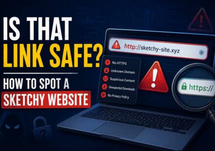 Infographic titled 'Is That Link Safe? How to Spot a Sketchy Website' showing a laptop with a suspicious http:// URL, warning signs like no HTTPS, unknown domain, and unexpected downloads, next to a magnifying glass highlighting a secure https:// link