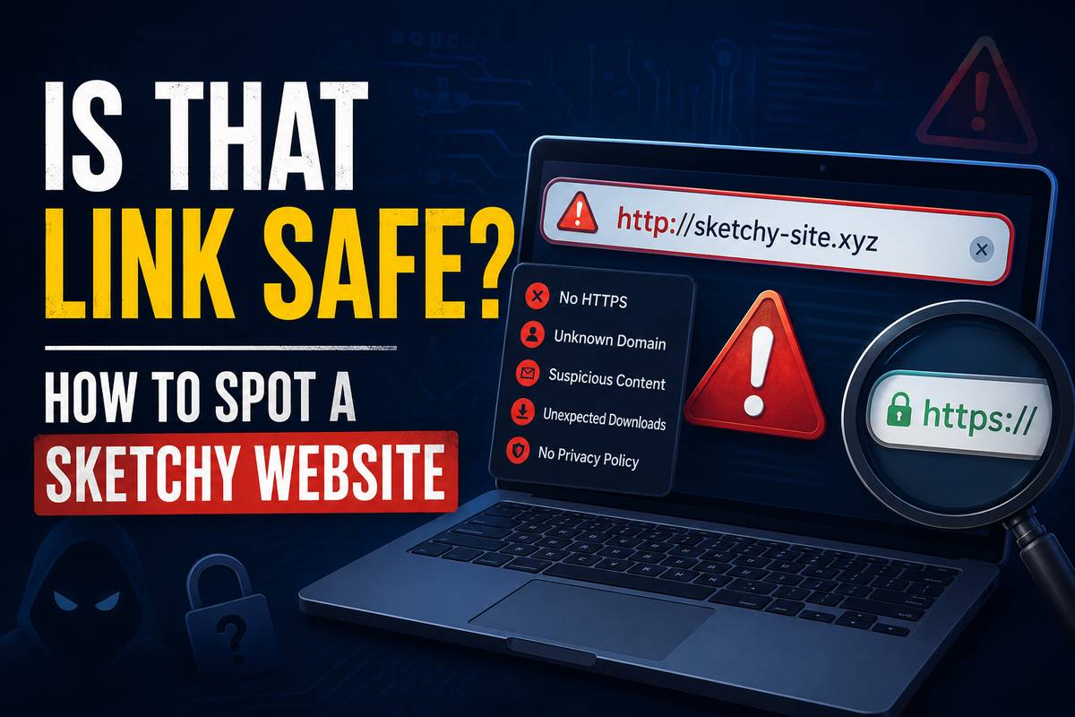 Infographic titled 'Is That Link Safe? How to Spot a Sketchy Website' showing a laptop with a suspicious http:// URL, warning signs like no HTTPS, unknown domain, and unexpected downloads, next to a magnifying glass highlighting a secure https:// link