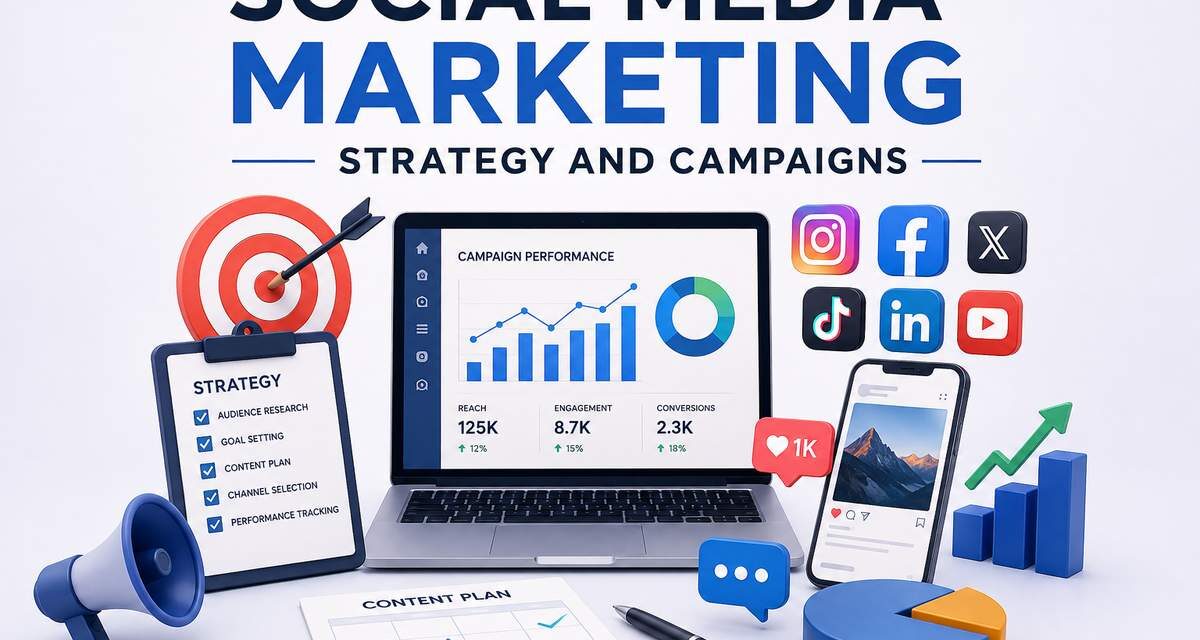 Social Media Marketing Strategy and Campaigns featured image showing a laptop with campaign performance analytics, a strategy checklist, content plan calendar, social media platform icons, and engagement metrics
