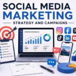 Social Media Marketing Strategy and Campaigns (2026) Social Media Marketing Strategy and Campaigns featured image showing a laptop with campaign performance analytics, a strategy checklist, content plan calendar, social media platform icons, and engagement metrics