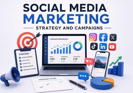Social Media Marketing Strategy and Campaigns featured image showing a laptop with campaign performance analytics, a strategy checklist, content plan calendar, social media platform icons, and engagement metrics
