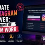 Private Instagram viewer scam alert screen showing a fake login form with crossed-out claims for accessing private data, bypassing security, and anonymous viewing