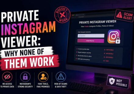 Private Instagram viewer scam alert screen showing a fake login form with crossed-out claims for accessing private data, bypassing security, and anonymous viewing