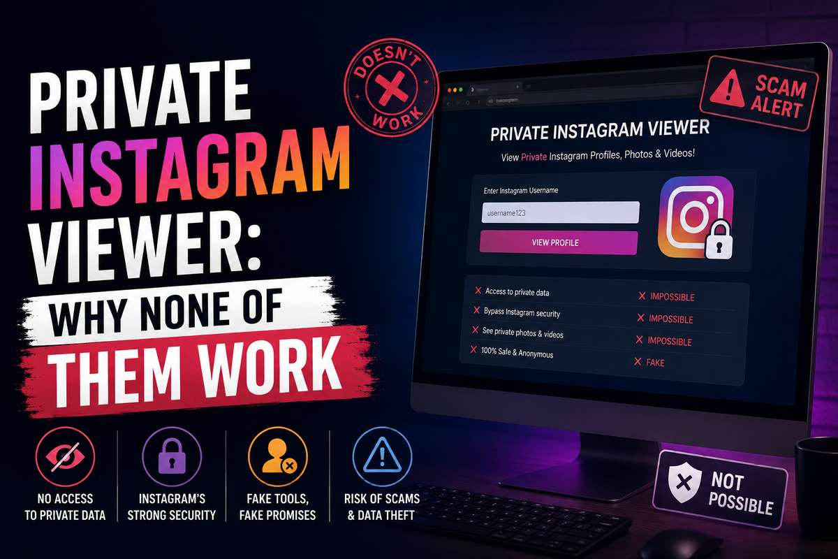 Private Instagram viewer scam alert screen showing a fake login form with crossed-out claims for accessing private data, bypassing security, and anonymous viewing