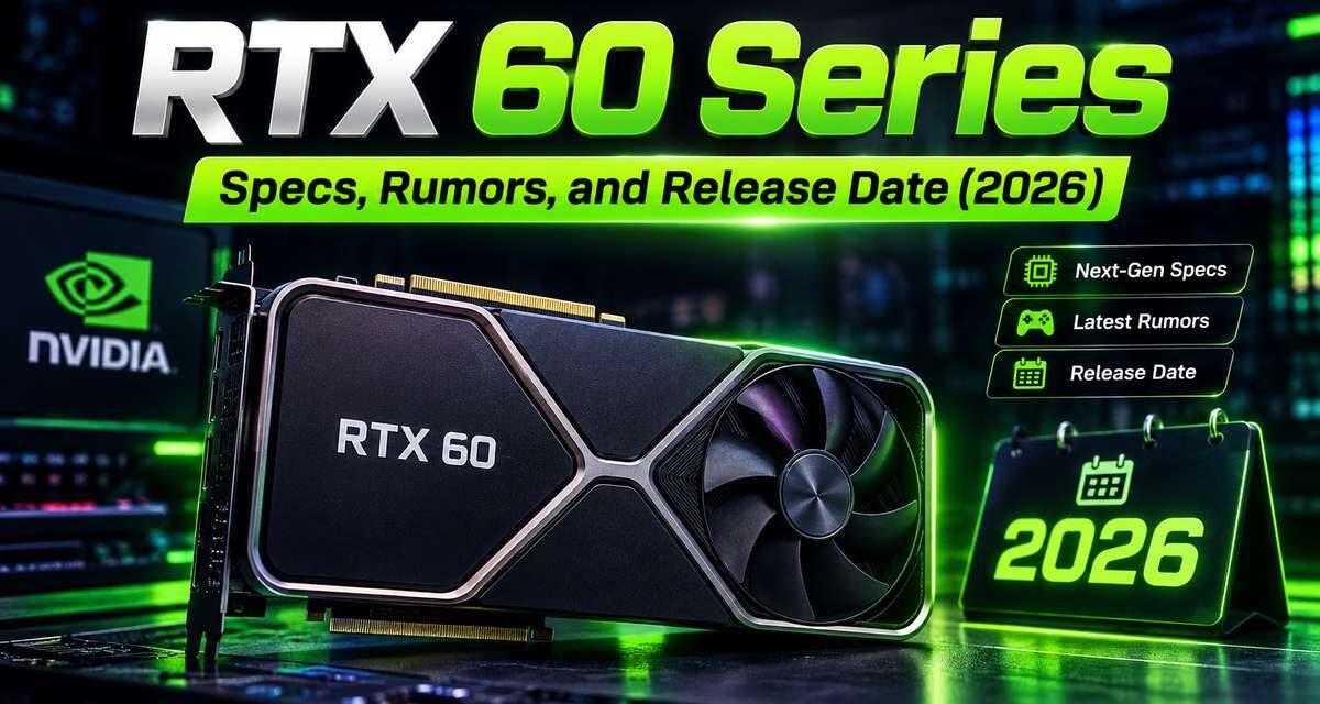 RTX 60 Series Specs, Rumors, and Release Date 2026 featured image showing an Nvidia RTX 60 graphics card with icons for next-gen specs, latest rumors, and release date, alongside a 2026 calendar