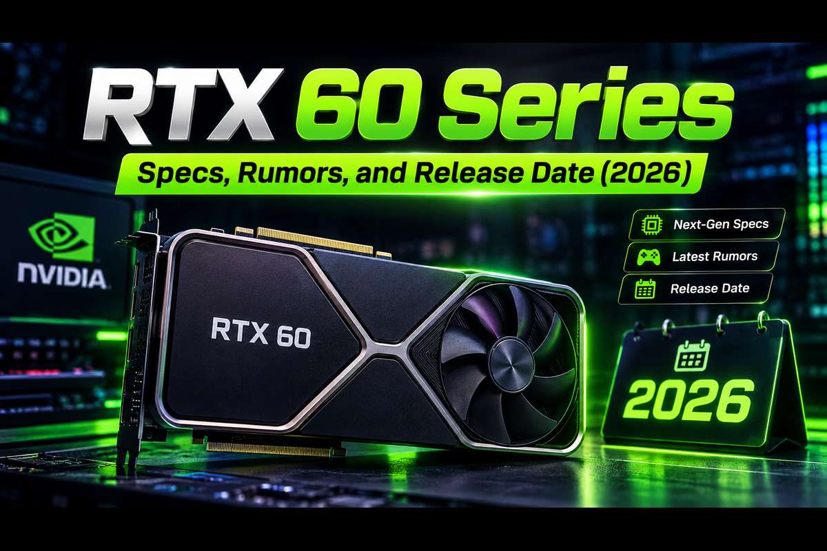 RTX 60 Series Specs, Rumors, and Release Date 2026 featured image showing an Nvidia RTX 60 graphics card with icons for next-gen specs, latest rumors, and release date, alongside a 2026 calendar