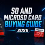 SD and MicroSD Card Buying Guide 2026 featured image showing a 256GB SDXC card, a Samsung 512GB EVO Plus microSD card, and a SanDisk microSD adapter