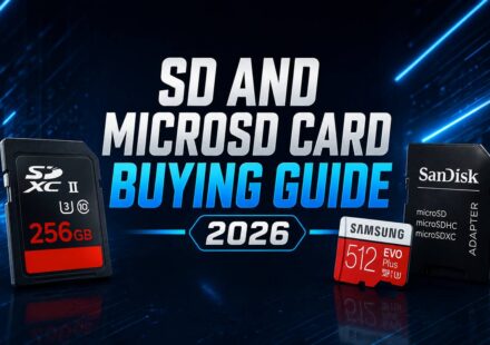 SD and MicroSD Card Buying Guide 2026 featured image showing a 256GB SDXC card, a Samsung 512GB EVO Plus microSD card, and a SanDisk microSD adapter