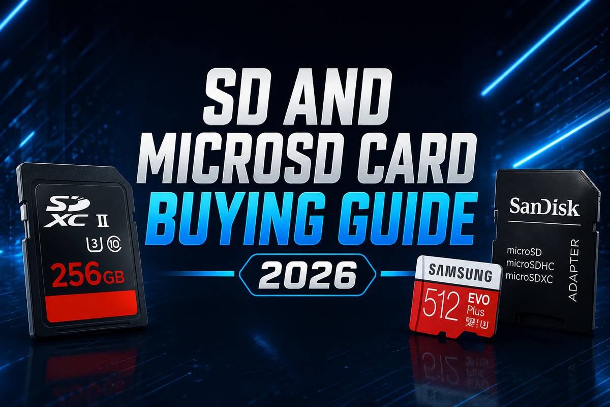 SD and MicroSD Card Buying Guide 2026 featured image showing a 256GB SDXC card, a Samsung 512GB EVO Plus microSD card, and a SanDisk microSD adapter