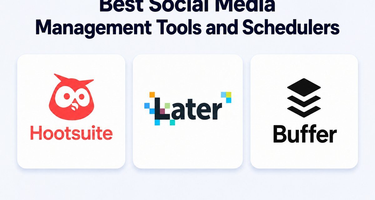 Best Social Media Management Tools and Schedulers featured image showing logos for Hootsuite, Later, and Buffer