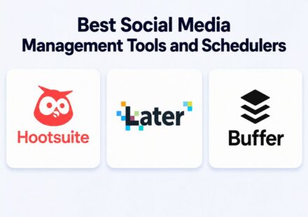 Best Social Media Management Tools and Schedulers featured image showing logos for Hootsuite, Later, and Buffer