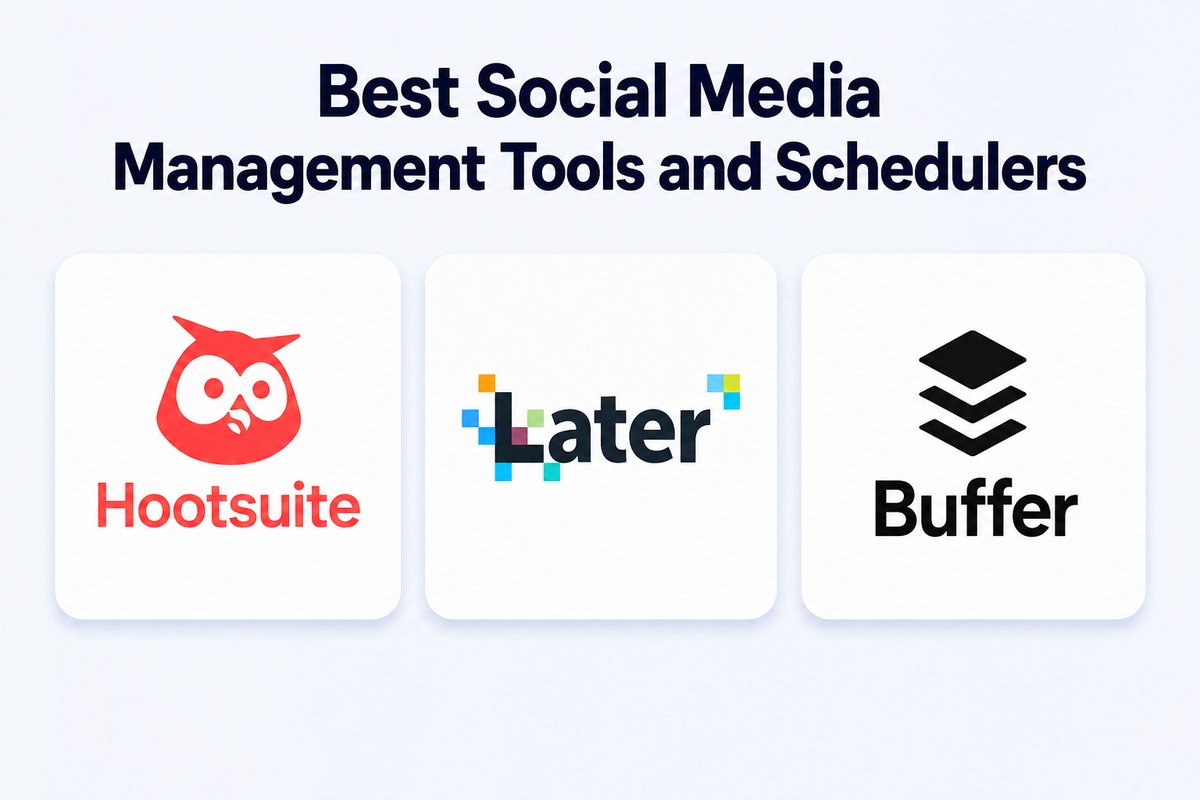 Best Social Media Management Tools and Schedulers featured image showing logos for Hootsuite, Later, and Buffer