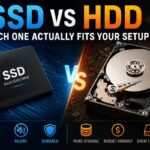 SSD vs HDD Which One Actually Fits Your Setup 2026 featured image comparing a solid state drive and an open hard disk drive, with icons for faster, silent, and durable on the SSD side, and more storage, budget friendly, and great for backups on the HDD side