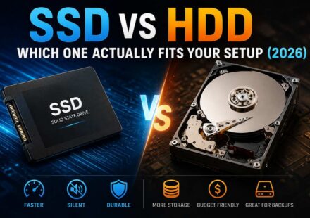 SSD vs HDD Which One Actually Fits Your Setup 2026 featured image comparing a solid state drive and an open hard disk drive, with icons for faster, silent, and durable on the SSD side, and more storage, budget friendly, and great for backups on the HDD side