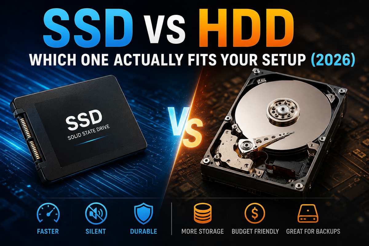 SSD vs HDD Which One Actually Fits Your Setup 2026 featured image comparing a solid state drive and an open hard disk drive, with icons for faster, silent, and durable on the SSD side, and more storage, budget friendly, and great for backups on the HDD side