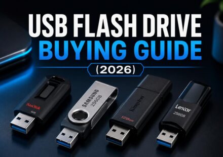 USB Flash Drive Buying Guide 2026 featured image showing four flash drives from SanDisk, Samsung, Kingston, and Lexar lined up side by side