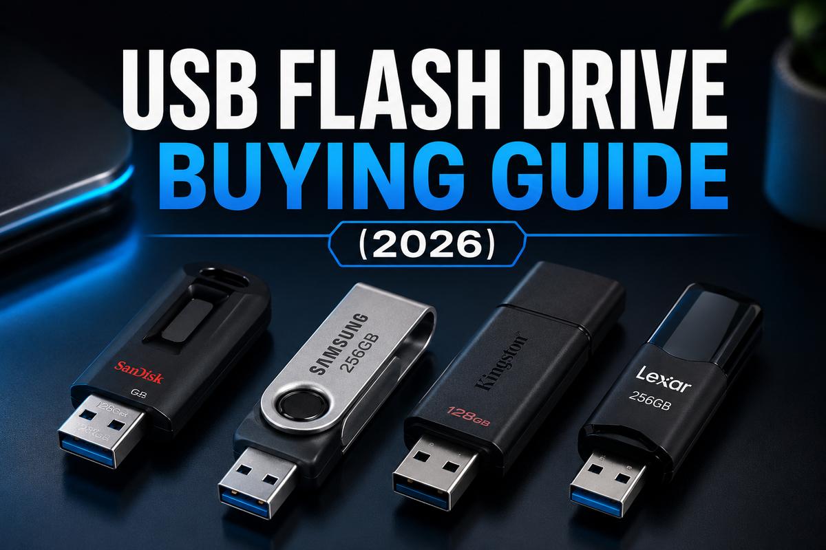 USB Flash Drive Buying Guide 2026 featured image showing four flash drives from SanDisk, Samsung, Kingston, and Lexar lined up side by side