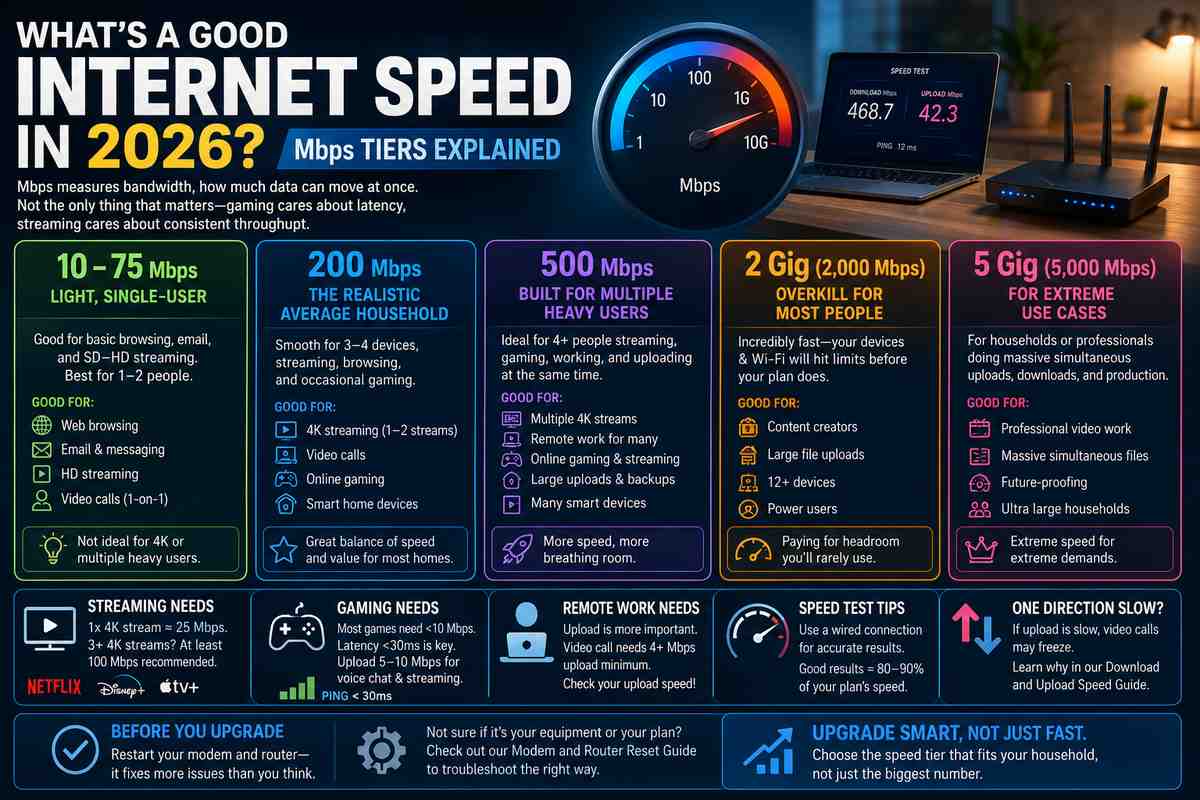 What's a good internet speed in 2026? Mbps tiers explained from 10 to 5 gig, matched to streaming, gaming, remote work, and household size