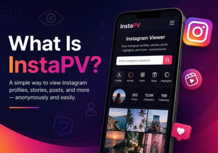 InstaPV Instagram viewer app screen showing profile stats, posts, and anonymous viewing options on a phone